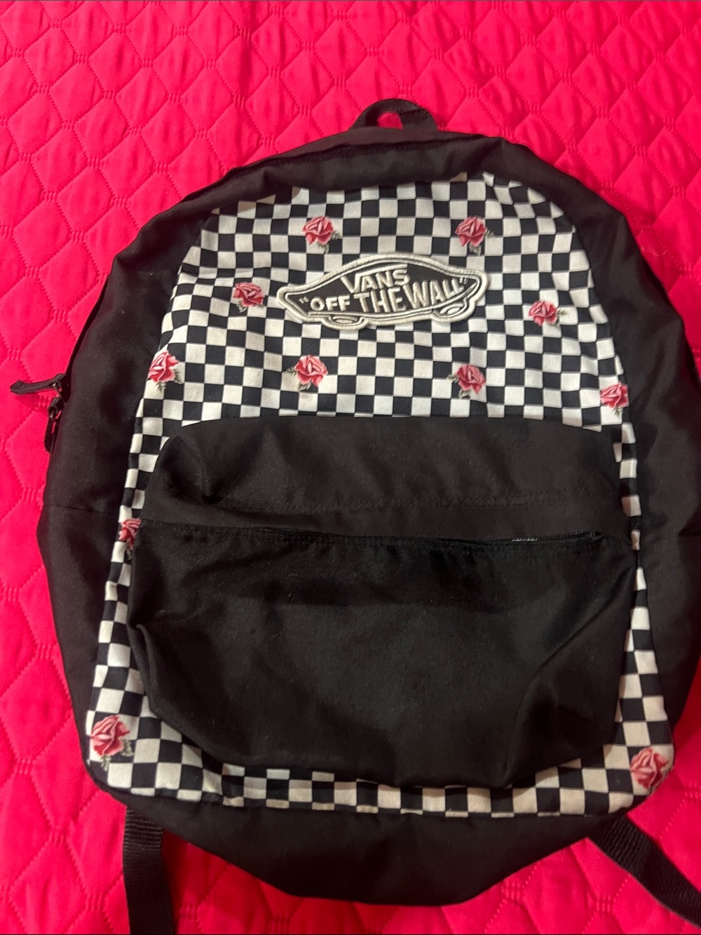 Vans Black Checkerboard Backpack with Red Rose Accents